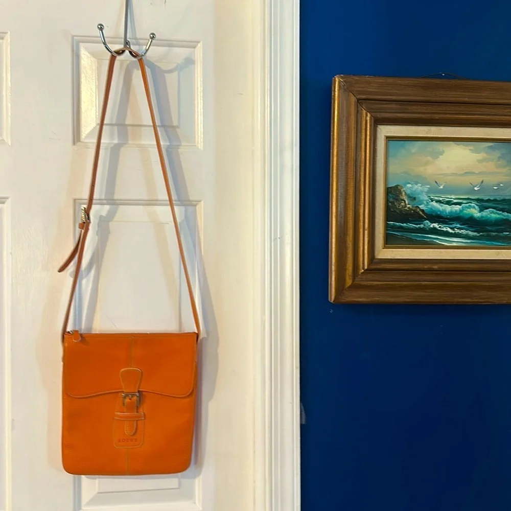 Vintage Loewe Senda Orange Pebbled Leather Logo Embossed Crossbody Bag